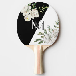 Raquete De Ping Pong Iniciais de Monograma Floral Branco e Preto Elegan
