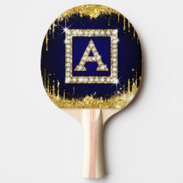 Raquete De Ping Pong Inicial A com Monograma Dourado e Brilho Azul