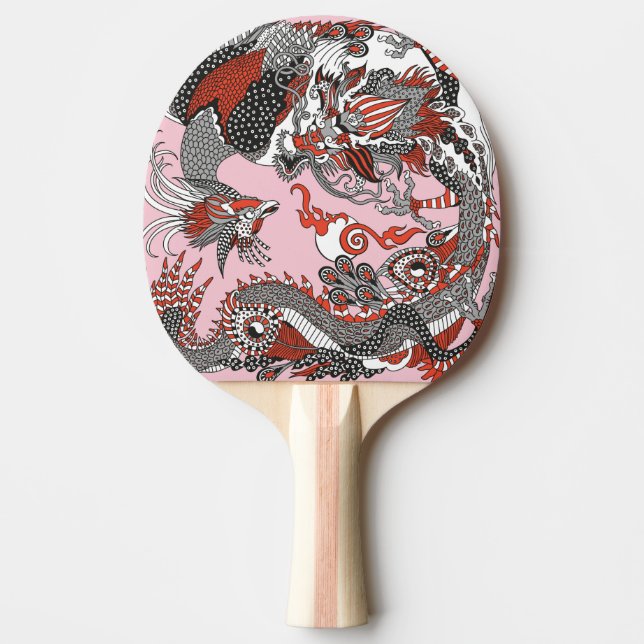 Raquete De Ping Pong Jade Dragon e Dourada Phoenix brincando com uma pé (Frente)
