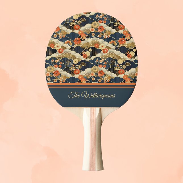 Raquete De Ping Pong Japanese Style Retro Teal Floral and Clouds Print (Criador carregado)