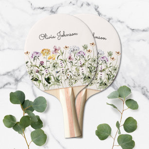 Raquete De Ping Pong Jardim de Flores Silvestres em Aquarela Monogramad