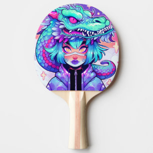Raquete De Ping Pong Kawaii Dragon Headdress Girl in Vaporwave Skies