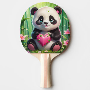 Raquete De Ping Pong Kawaii Panda Segurando Coração em uma Floresta de