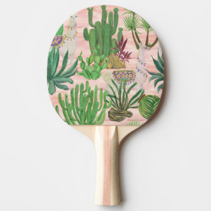 Raquete De Ping Pong Lamas de aquarelas e cactos.