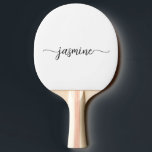 Raquete De Ping Pong Letra Moderna Branca Personalizada com Nome em Scr<br><div class="desc">Raquete de Ping Pong Personalizada com Nome Monograma Feminino Preto e Branco. Estes desenhos apresentam seu primeiro nome em uma linda tipografia de assinatura com estilo de letra manuscrita e cauda ornamentada (ou caligrafia) em preto sobre fundo branco. São fáceis de personalizar. Ótimo presente feminino e elegante para aquecimento de...</div>