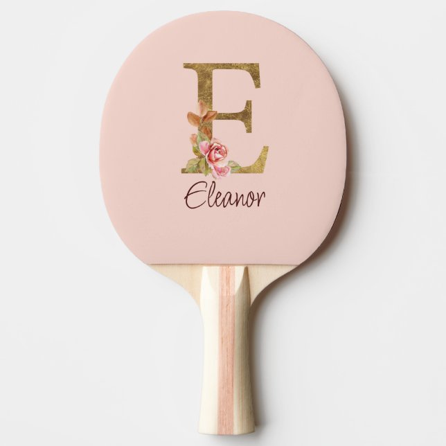 Raquete De Ping Pong Letra Personalizada E Dourada com Rosas Rosa Bege (Frente)