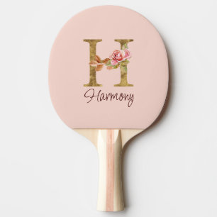 Raquete De Ping Pong Letra Personalizada H Folha Dourada Rosas Rosa Des