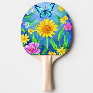 Raquete De Ping Pong Linda Borboleta Azul em Prado Flor
