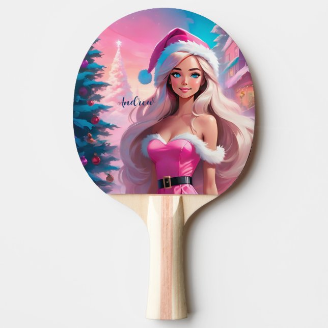 Raquete De Ping Pong Linda garota de Natal rosa 01 (Frente)