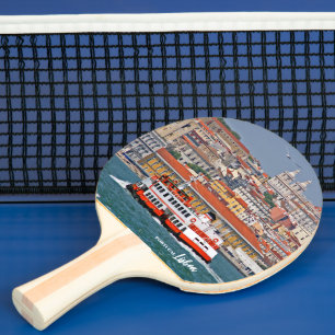 Raquete De Ping Pong Linha do horizonte de Lisboa com o velho ferry no