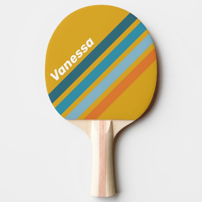 Raquete De Ping Pong Listras Amarelas Retro em Ângulo com Nome (Verso)