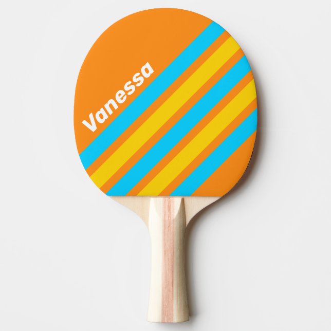 Raquete De Ping Pong Listras Anguladas de Verão Retrô com Nome (Frente)