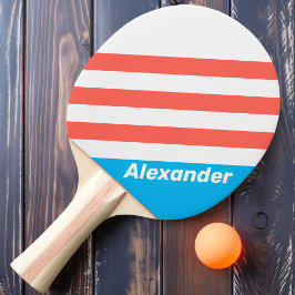 Raquete De Ping Pong Listras Azuis Céu Claro Esporte Vintage com Nome