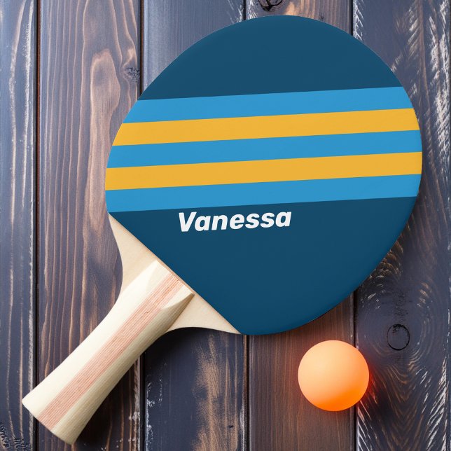 Raquete De Ping Pong Listras Azuis Marinho Retrô com Nome (Criador carregado)