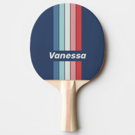 Raquete De Ping Pong Listras Azuis Náuticas Vintage com Nome
