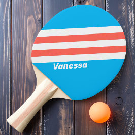Raquete De Ping Pong Listras Azul Céu Retro com Nome
