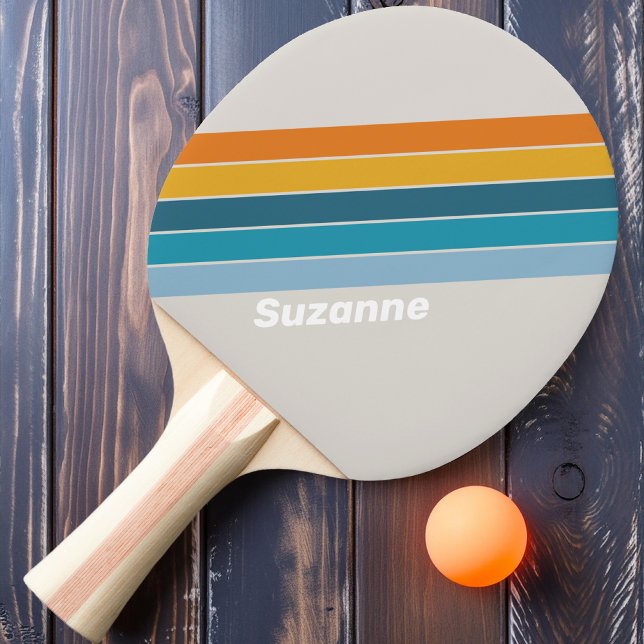 Raquete De Ping Pong Listras de arco-íris retrô com nome (Criador carregado)