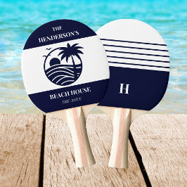Raquete De Ping Pong Listras de Azul Marinho Palmeira Monograma Família