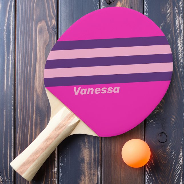 Raquete De Ping Pong Listras de céu rosa retrô com nome (Criador carregado)