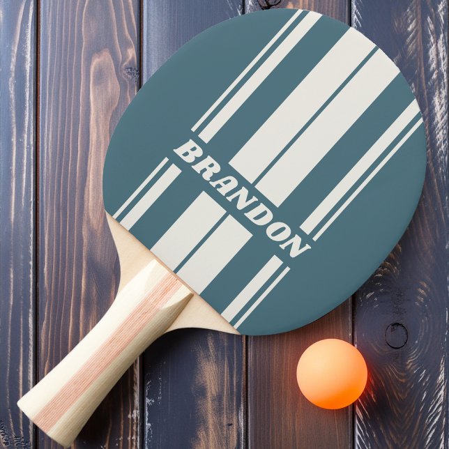 Raquete De Ping Pong Listras de placa dupla cinza retro com nome (Criador carregado)