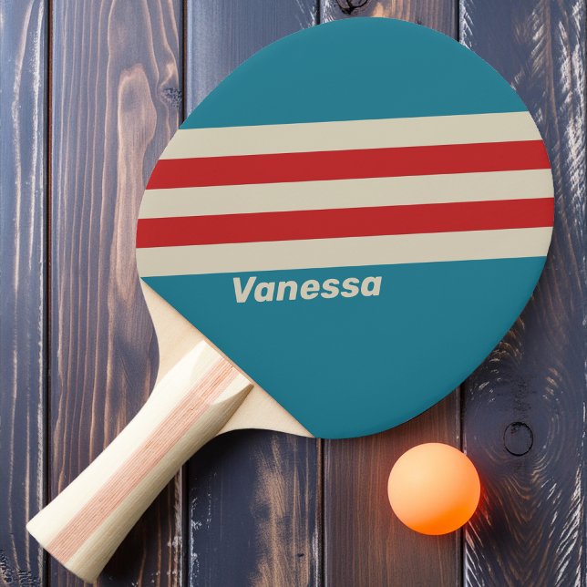 Raquete De Ping Pong Listras de Surf Retro Aqua com Nome (Criador carregado)