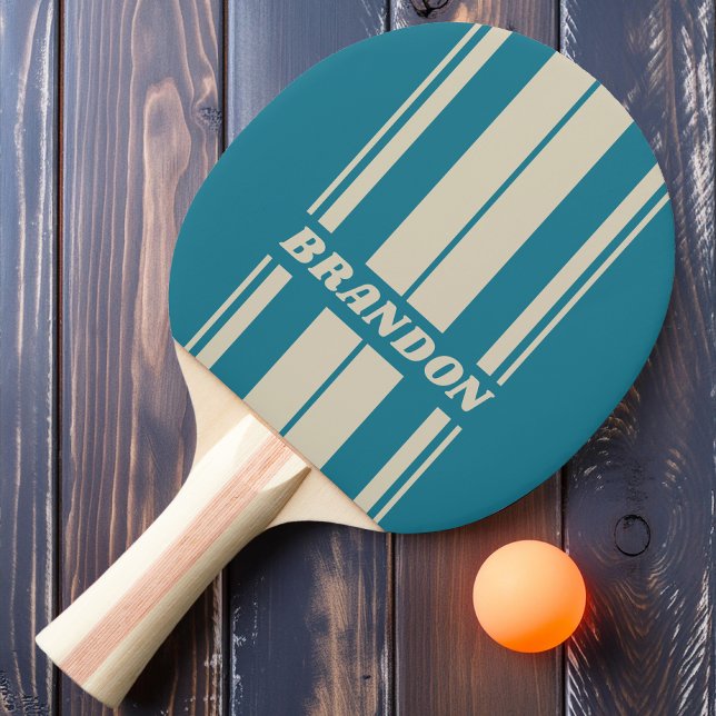 Raquete De Ping Pong Listras de Tabuleiro Aquamarina Retro com Nome (Criador carregado)