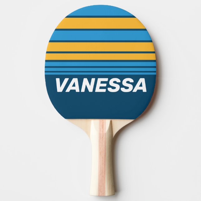 Raquete De Ping Pong Listras Horizontais Azul-Marinho com Nome (Frente)
