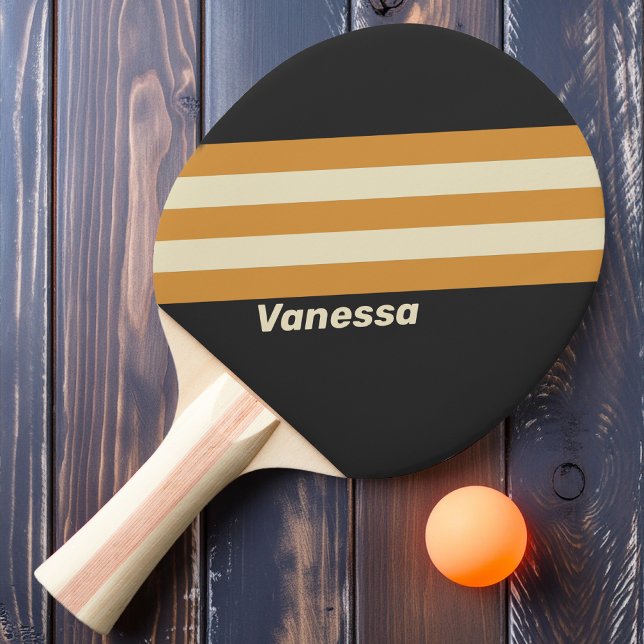 Raquete De Ping Pong Listras Horizontais Douradas Retro com Nome (Criador carregado)