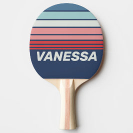 Raquete De Ping Pong Listras Horizontais Náuticas Vintage Azul com Nome