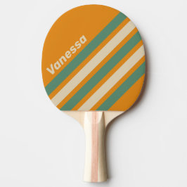 Raquete De Ping Pong Listras Laranjas em Ângulo com Nome no Estilo Retr