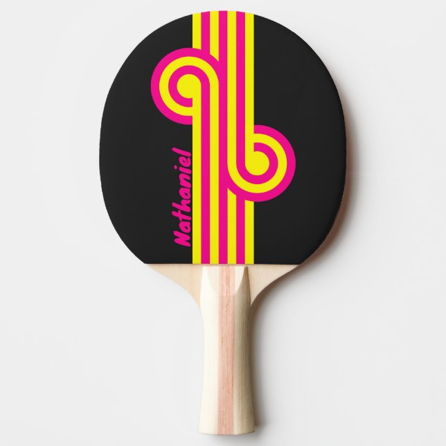 Raquete De Ping Pong Loop de Brilho Solar Retro com Nome (Frente)