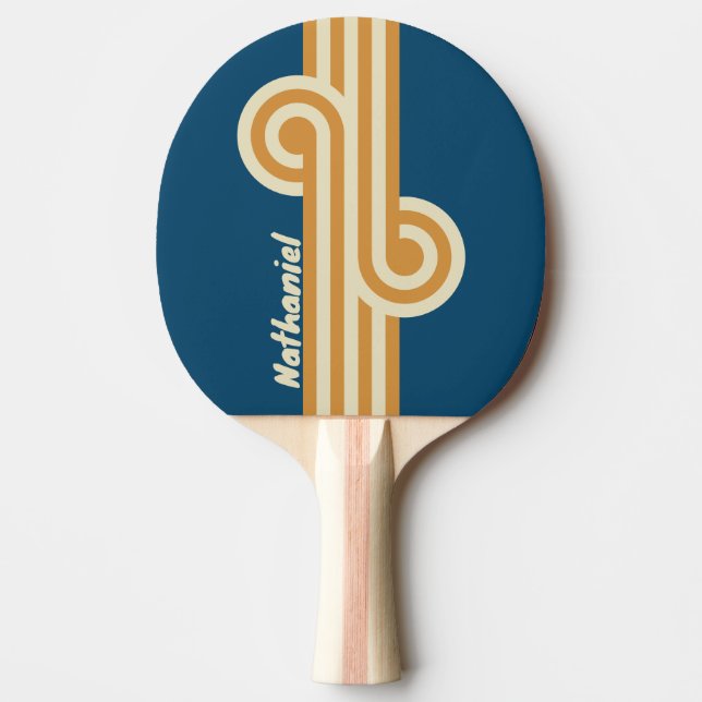 Raquete De Ping Pong Loop de Onda Azul Retro com Nome (Frente)