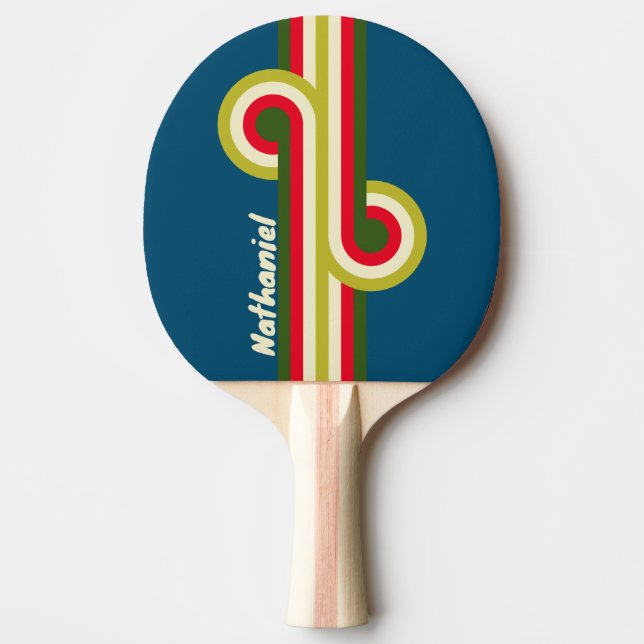 Raquete De Ping Pong Loop Listrado Retro de Rugby com Nome (Frente)