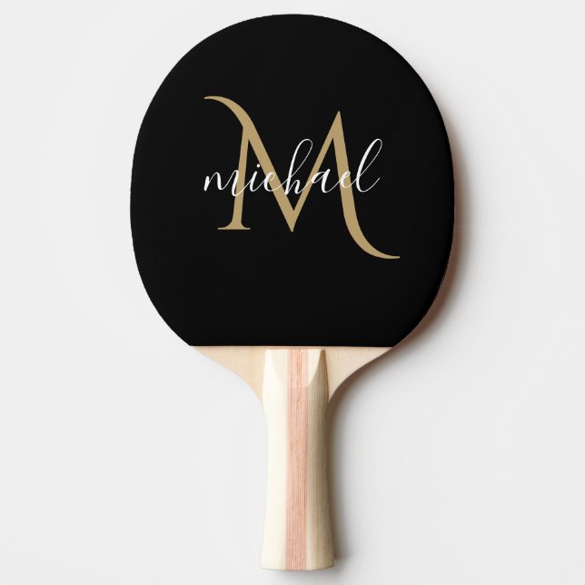 Raquete De Ping Pong Luxo elegante monograma negro e Dourado (Frente)
