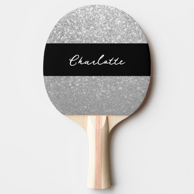 Raquete De Ping Pong Luxury Sparkle Silver Glitter Name (Frente)