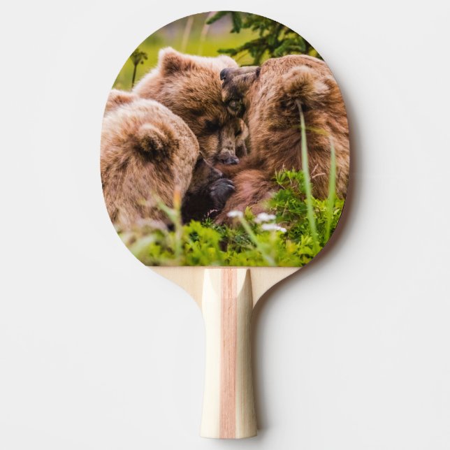 Raquete De Ping Pong Mamãe urso cuidando de seus dois filhotes, Lago Cl (Frente)