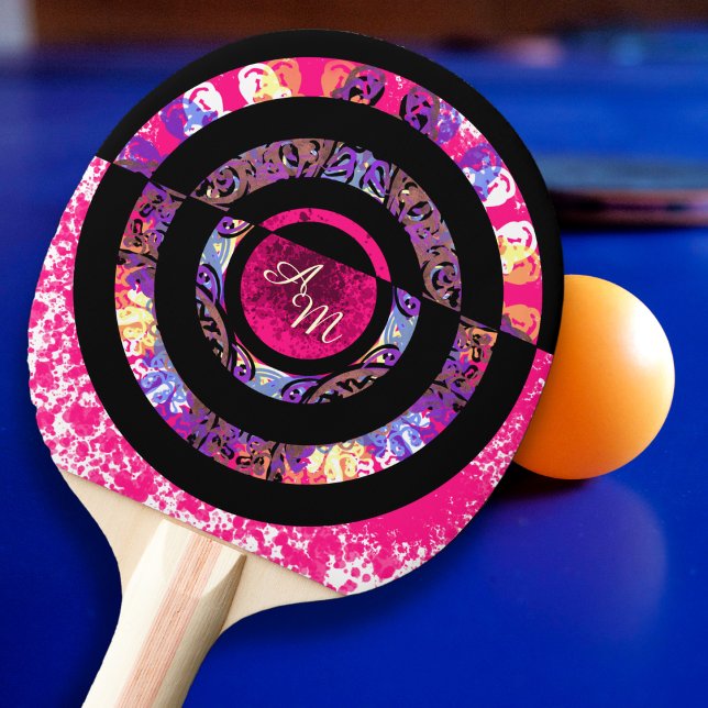 Raquete De Ping Pong Mandalas Modernas Monograma Rosa  (Criador carregado)