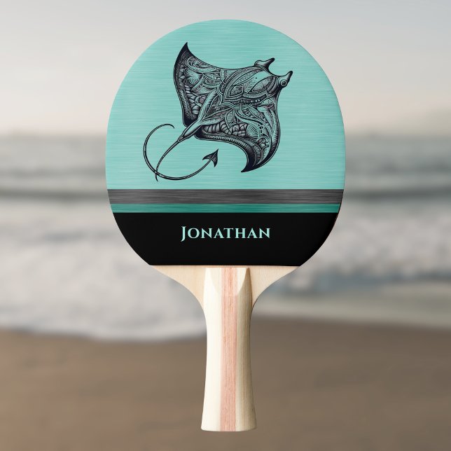 Raquete De Ping Pong Manta Ray on Teal Faux Brushed Metal Monogrammed (Criador carregado)