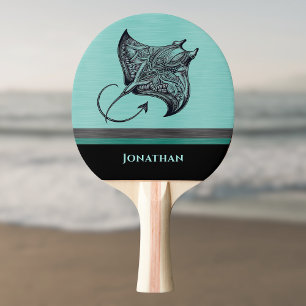 Raquete De Ping Pong Manta Raya em Metal Monogramado Falso Azul Turques