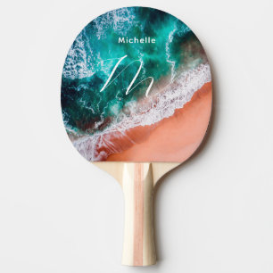 Raquete De Ping Pong Mar azul moderno praia monograma mar costeiro