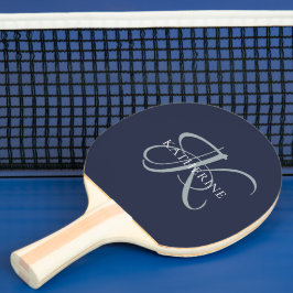 Raquete De Ping Pong Marinho de Script Monograma Elegante Moderno Azul