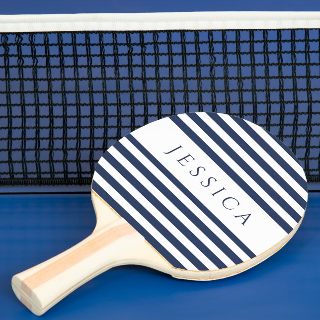 Raquete De Ping Pong Marinho Moderno Blue Striped Custom Name (Insitu)