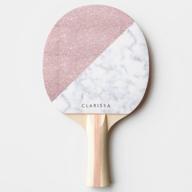 Raquete De Ping Pong Mármore branco rosa de ouro feminino elegante (Frente)