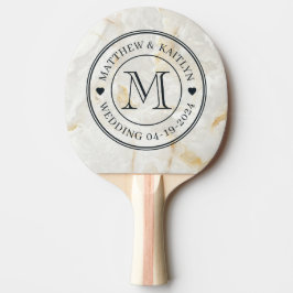 Raquete De Ping Pong Mármore Calacatta Gold Pedra Coração Monograma de 