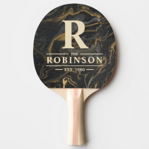 Raquete De Ping Pong Mármore Preto Dourado com Redemoinho Sobrenome e I