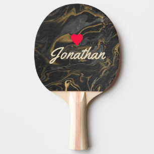 Raquete De Ping Pong Mármore Preto Dourado Redemoinho Coração Antigo As