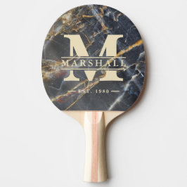 Raquete De Ping Pong Mármore Preto e Monograma de Pedra Dourada e Sobre