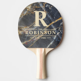 Raquete De Ping Pong Mármore Preto e Nome da Família e Inicial em Pedra