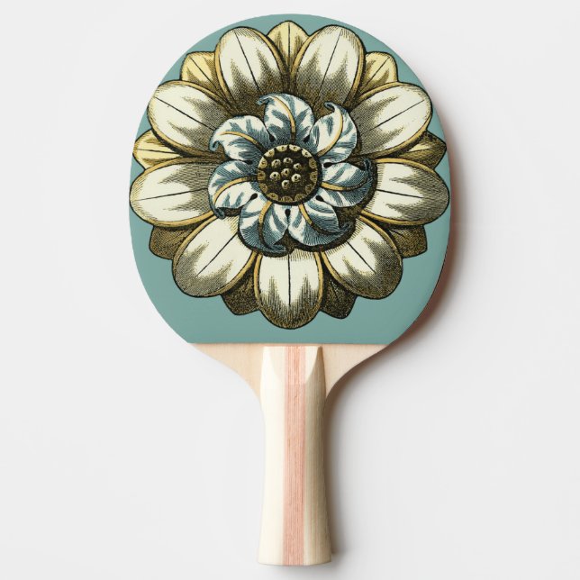 Raquete De Ping Pong Medalhão Floral ornamentado sobre fundo azul claro (Frente)
