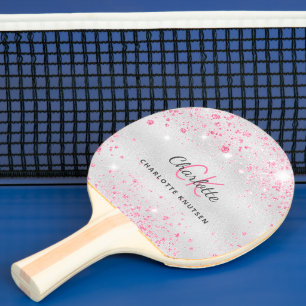 Raquete De Ping Pong Menina do monograma com brilho de prata rosa